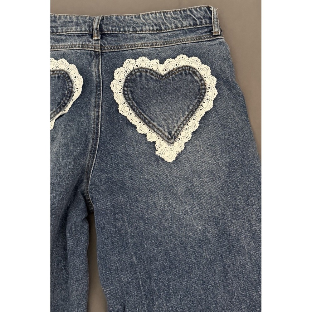 Ashley Mason Wide Leg Jeans Womens Sz 13/31 Lace Heart Pockets Raw Hem High Rise - Picture 9 of 14